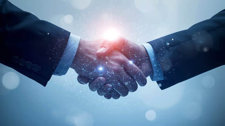 Two professionals shake hands, with a bright light and digital network glow symbolizing partnership and collaboration.