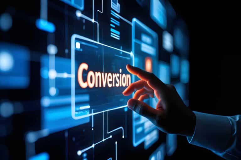 Close-up of a finger touching a futuristic touchscreen displaying the glowing word 'Conversion' amid blue neon UI elements.